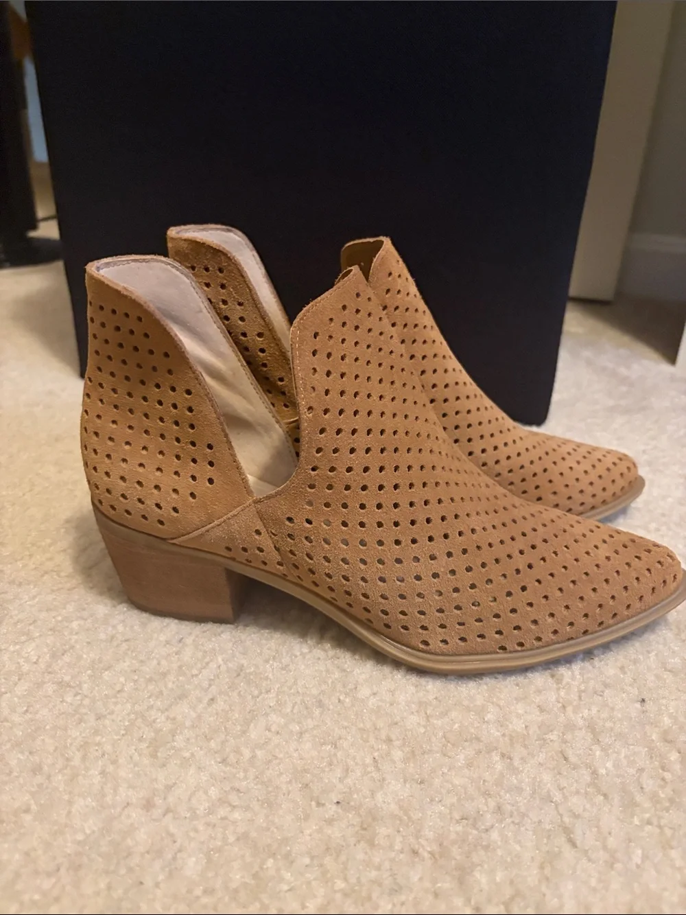 Women’s Perforated Tan Suede Ankle Booties